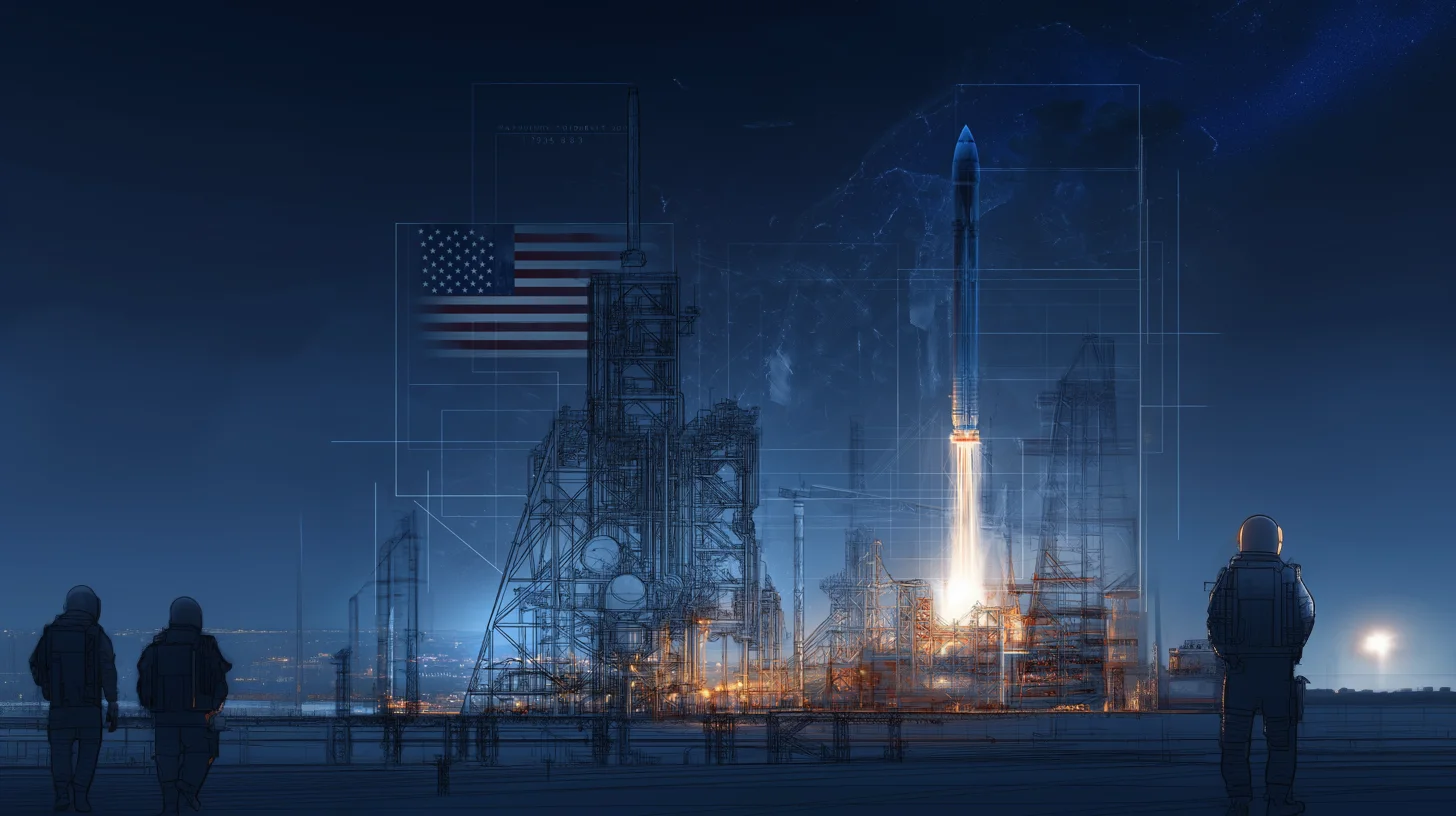 A rocket launching from a blueprint-style pad beneath an American flag, with engineers looking on